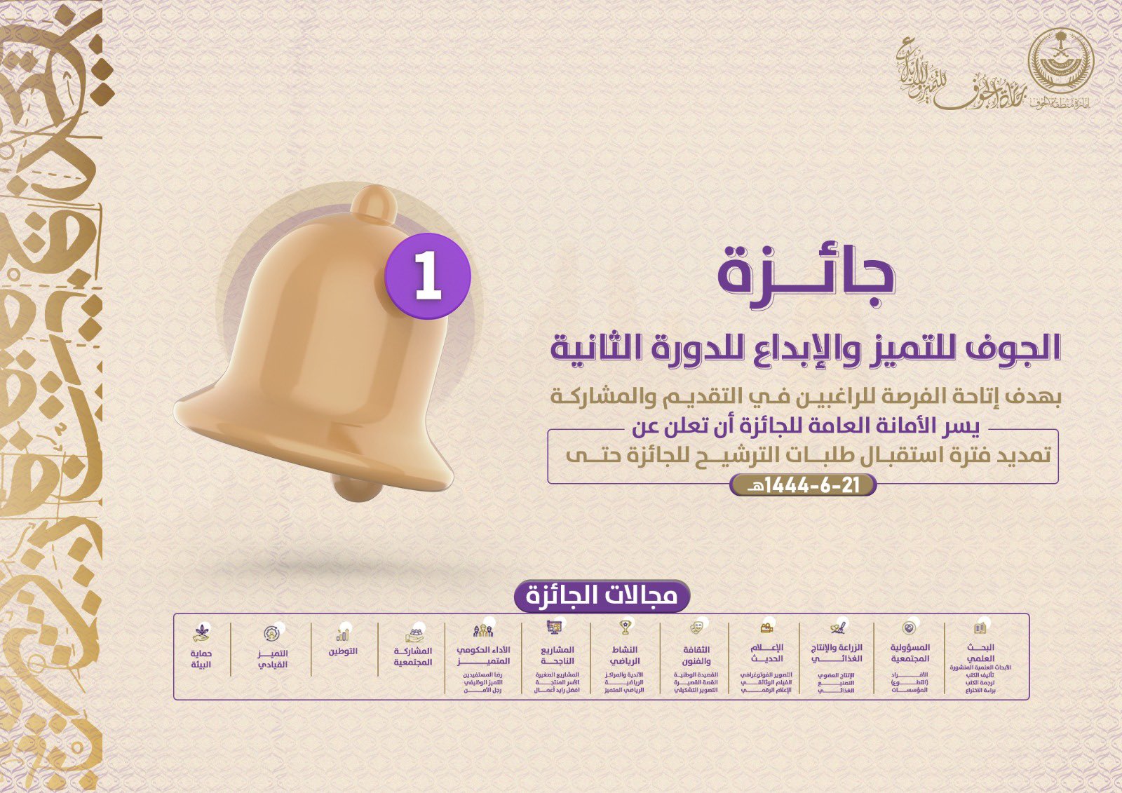 تمديد فترة استقبال طلبات الترشيح لجائزة الجوف للتميز والابداع